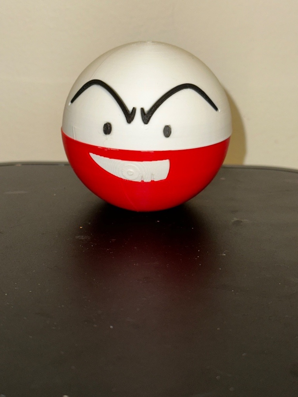 Smiling White Red Inverted Sphere Display – 3D Printed Electric Orb Monster